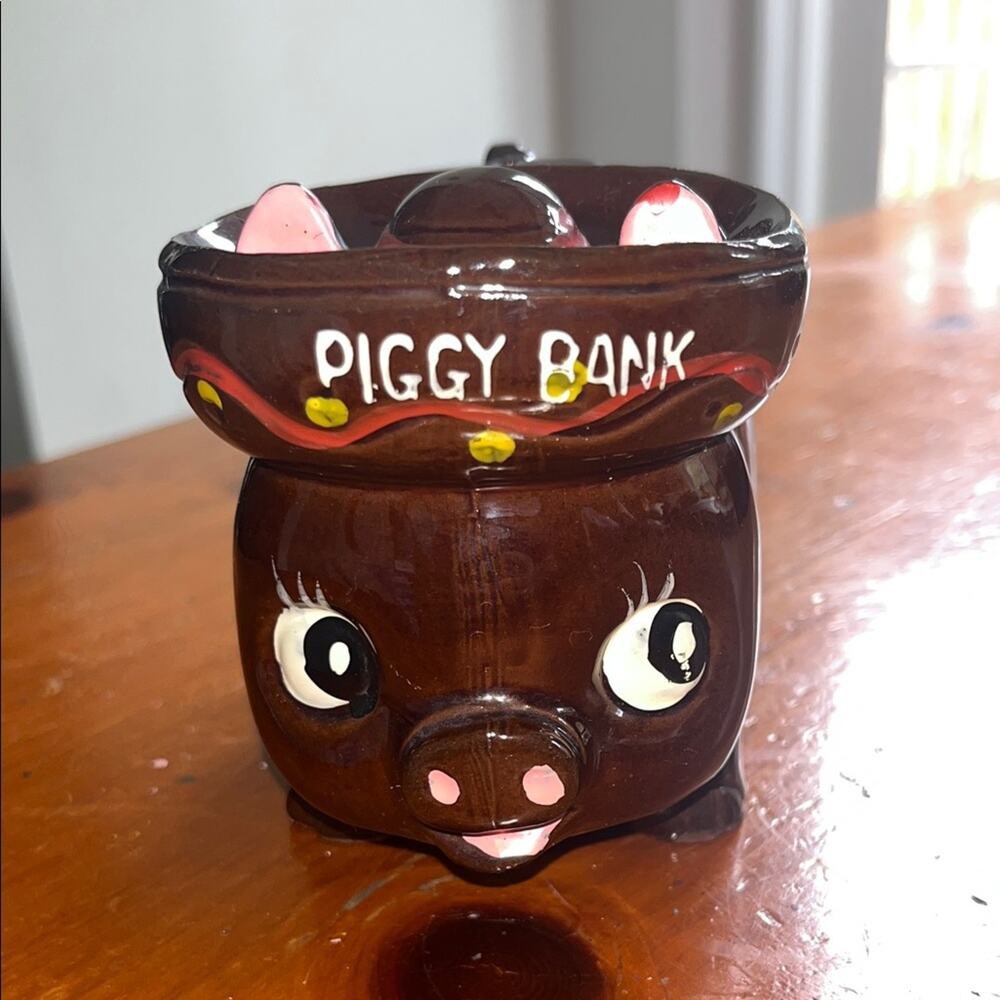 Vintage Japan Brown Piggy Bank with Pink Accents